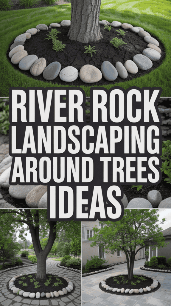 Collage of tree bases surrounded by decorative river rocks in various landscaping designs, with large text promoting ideas.