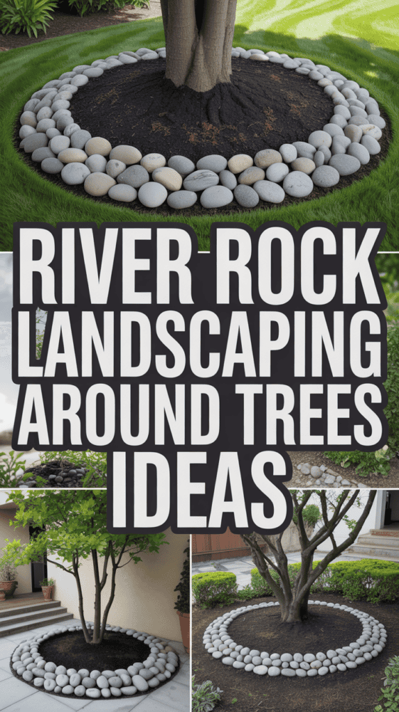 River rock landscaping designs around tree bases, featuring rocks encircling the trunks with surrounding greenery.
