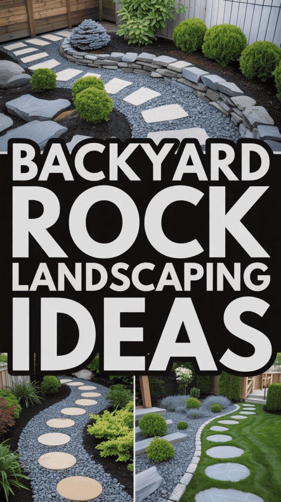 Collage showcasing rock landscaping ideas with stepping stones and ornamental plants in a backyard setting.