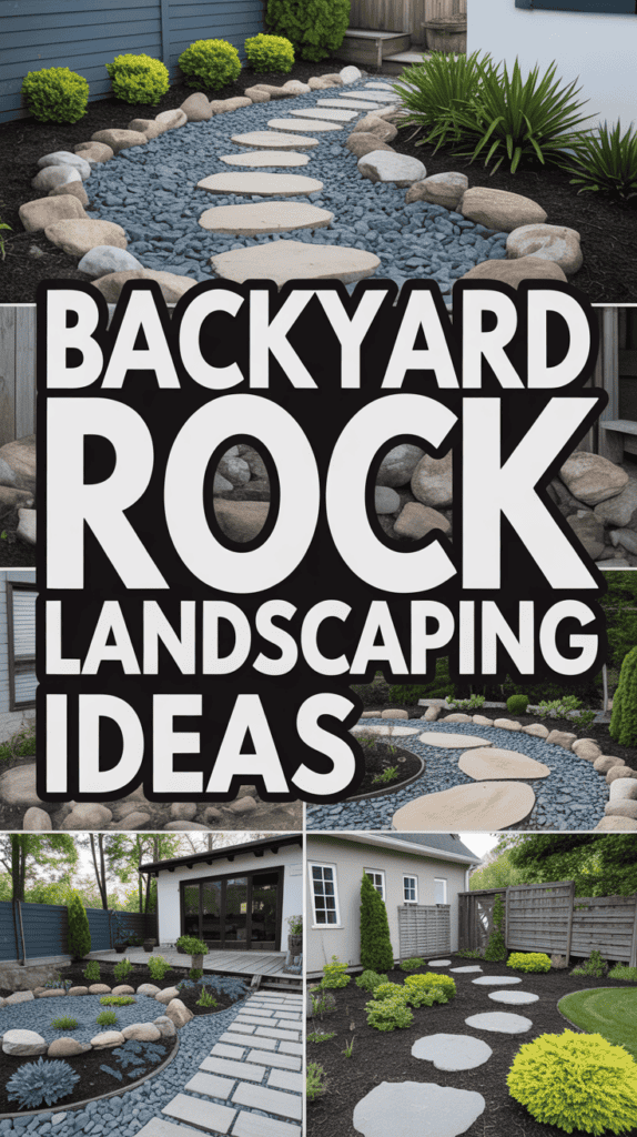 Collage of backyard rock landscaping ideas featuring stone paths and mixed greenery.