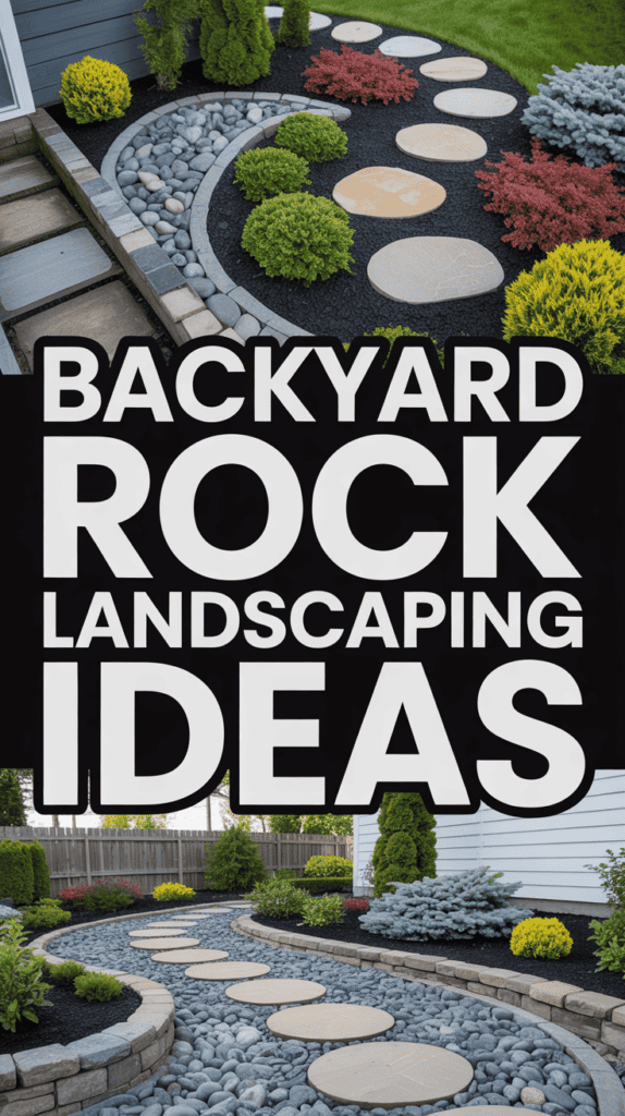 Backyard with a stone path, surrounded by decorative rocks, shrubs, and colorful plants, under the text "Backyard Rock Landscaping Ideas."