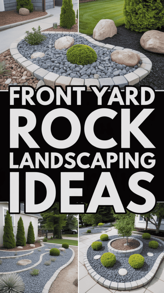 Collage of front yard rock landscaping ideas featuring various arrangements of stones and shrubs.
