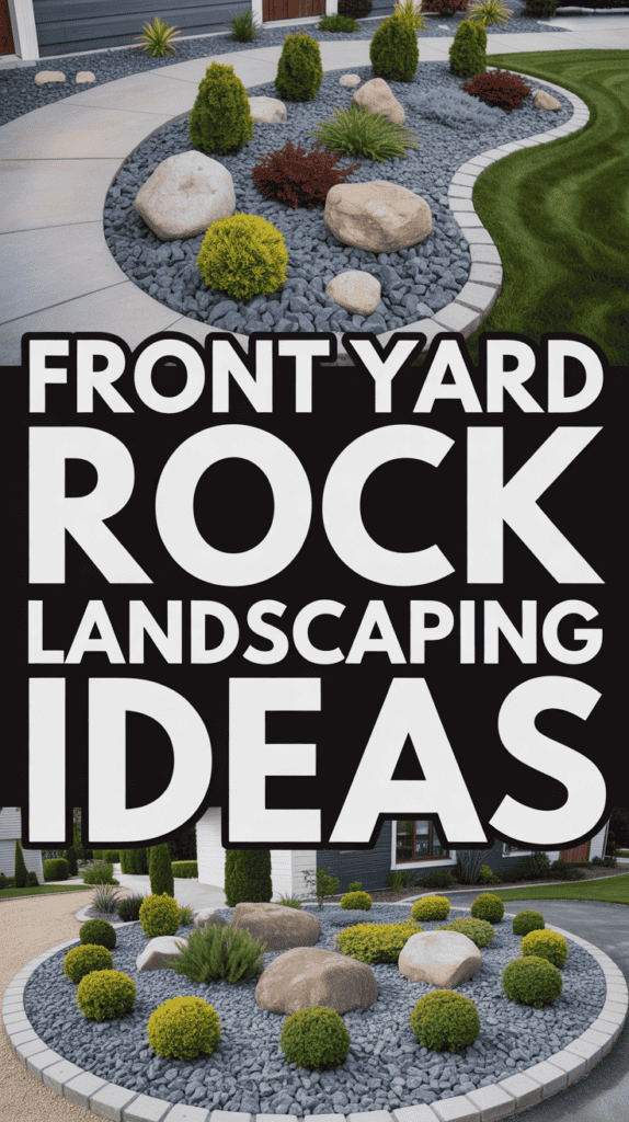 Front yard landscaping featuring rocks, boulders, small shrubs, and decorative gravel.