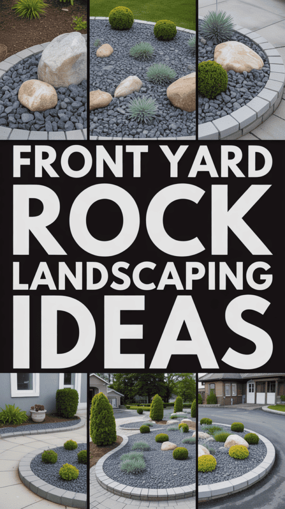 Collage showcasing front yard rock landscaping with various designs, gravel, and plants. Text reads "Front Yard Rock Landscaping Ideas."