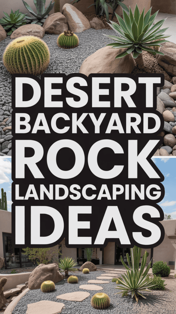 Cacti and rocks in a landscaped desert backyard with text overlay: "Desert Backyard Rock Landscaping Ideas."