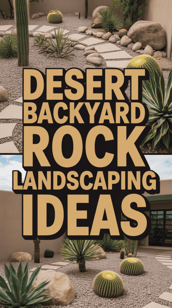 Desert-themed backyard with cacti, agave plants, and rocks, showcasing landscaping ideas.