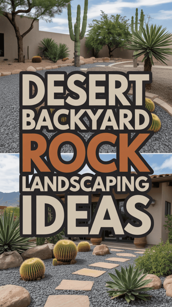 Desert-themed backyard featuring cacti, rocks, and gravel with text: "Desert Backyard Rock Landscaping Ideas."