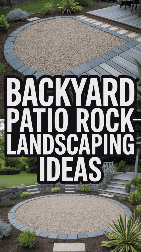 Text reading "Backyard Patio Rock Landscaping Ideas" over images of a landscaped yard with gravel and stepping stones.
