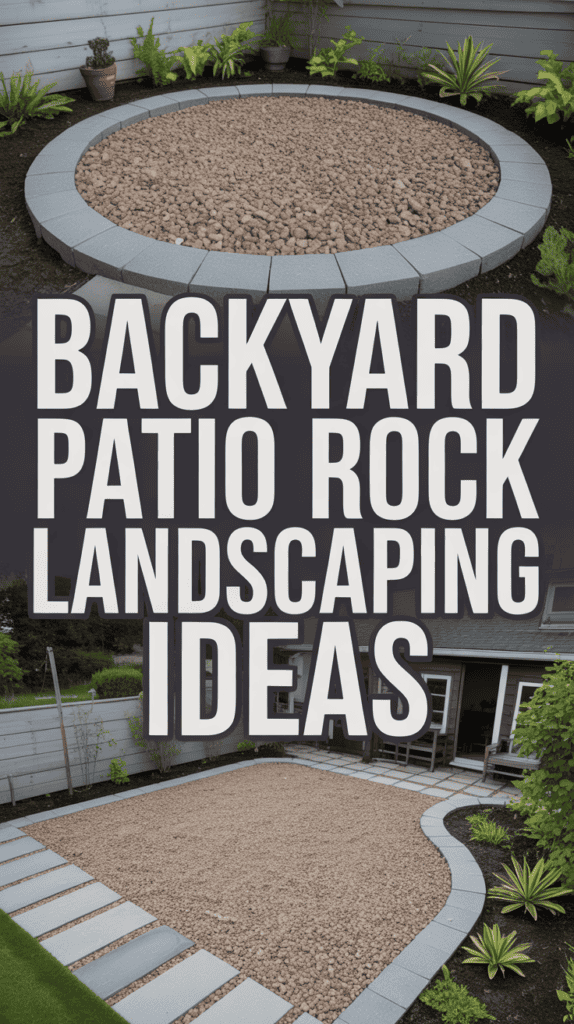 Circular and rectangular rock gardens with text: "Backyard Patio Rock Landscaping Ideas."