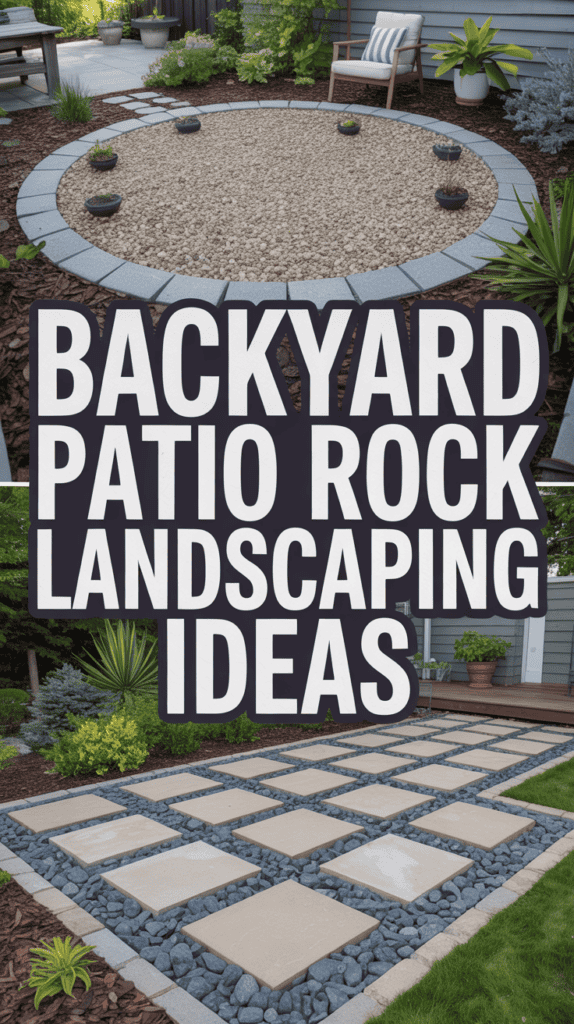 Backyard with round gravel patio and square stepping stones, surrounded by plants and mulch.
