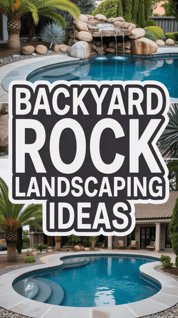 Backyard with a pool, rock waterfall, palm trees, and landscaping ideas text overlay.