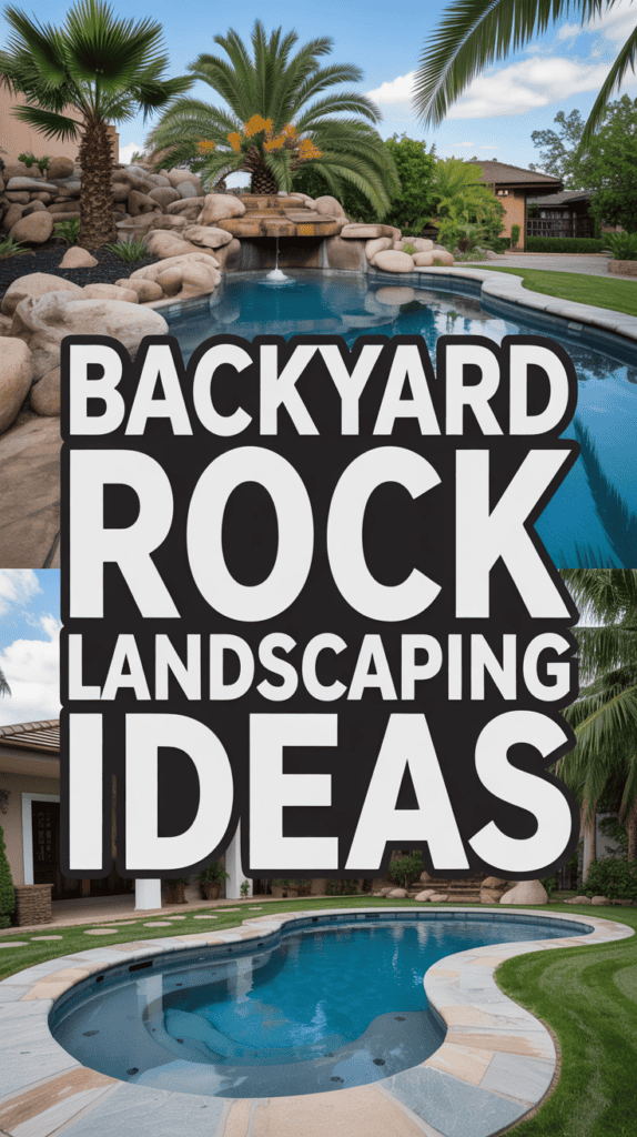 Backyard with a rock pool, palm trees, and large text overlay reading "Backyard Rock Landscaping Ideas."