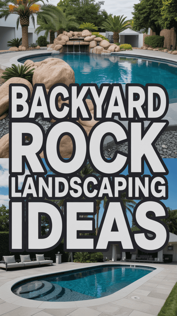 Collage of landscaped pools with rock features, lush greenery, and text: "Backyard Rock Landscaping Ideas."