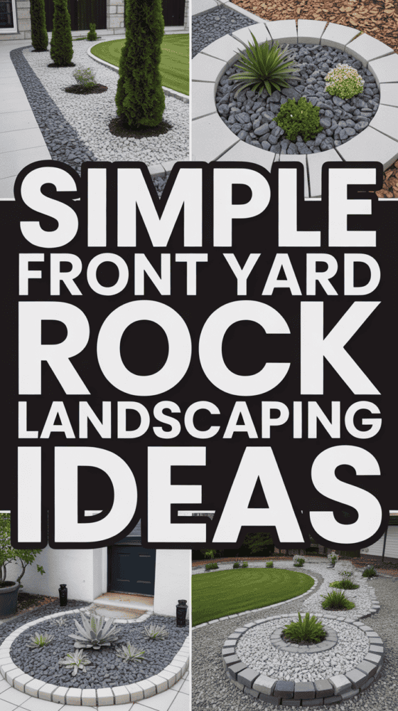 Collage of front yard rock landscaping ideas with modern designs, featuring pebbles, circular patterns, and small bushes.
