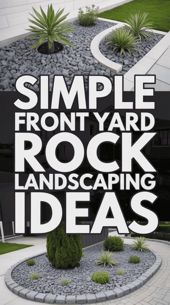 Collage showing rock landscapes with text "Simple Front Yard Rock Landscaping Ideas" overlaid.