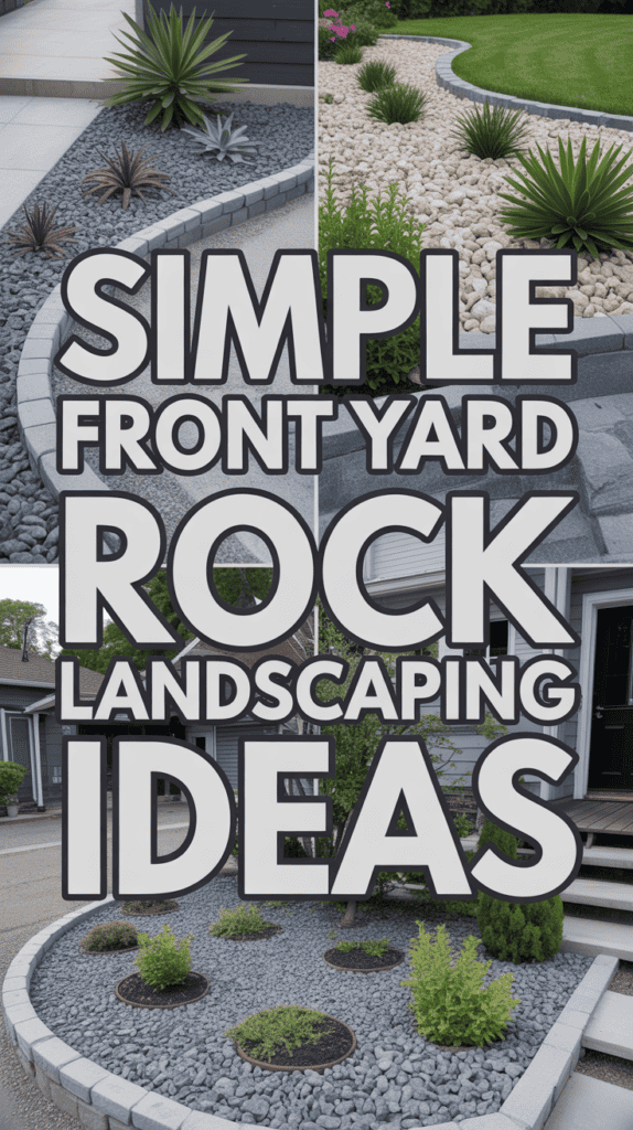 Collage of rock landscaping ideas with various plant and rock arrangements in modern front yards.