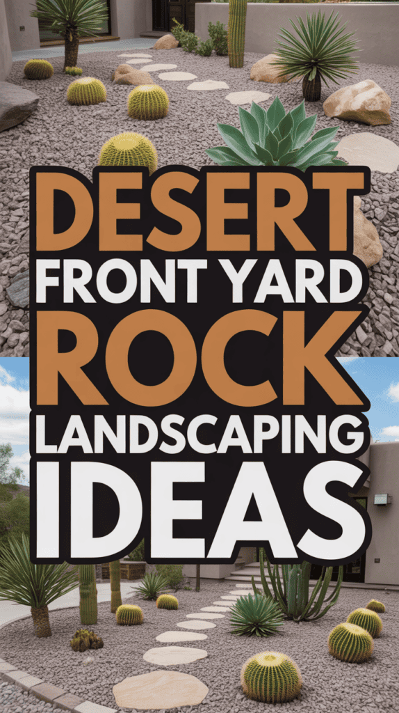 A desert-themed front yard with rocks, succulents, and decorative cacti. Text: "Desert Front Yard Rock Landscaping Ideas."