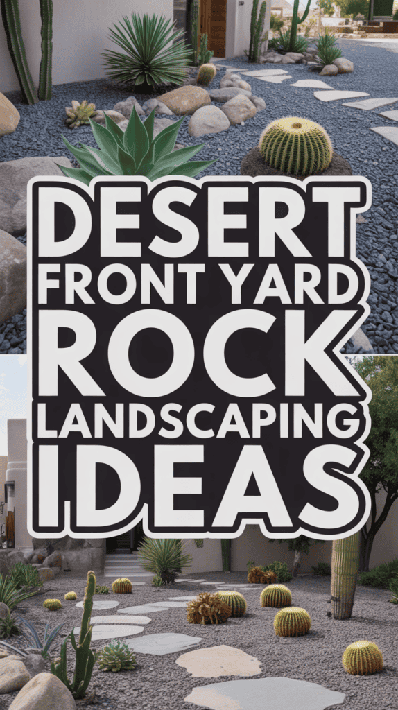 Desert front yard with cacti, agave plants, and a stone pathway surrounded by decorative rocks.