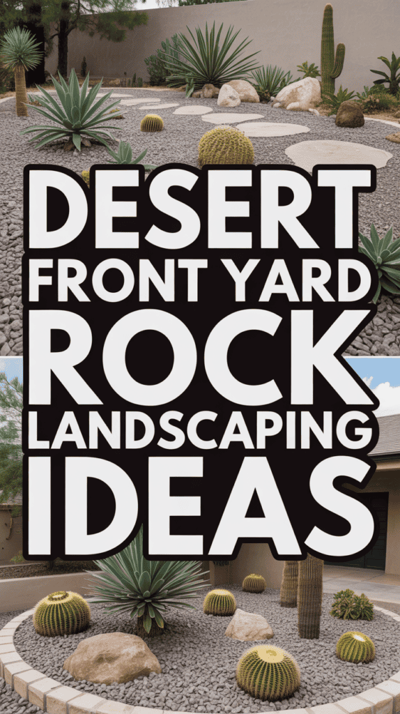 Desert-themed front yard with cacti, succulents, rocks, and gravel, featuring the text "Desert Front Yard Rock Landscaping Ideas."