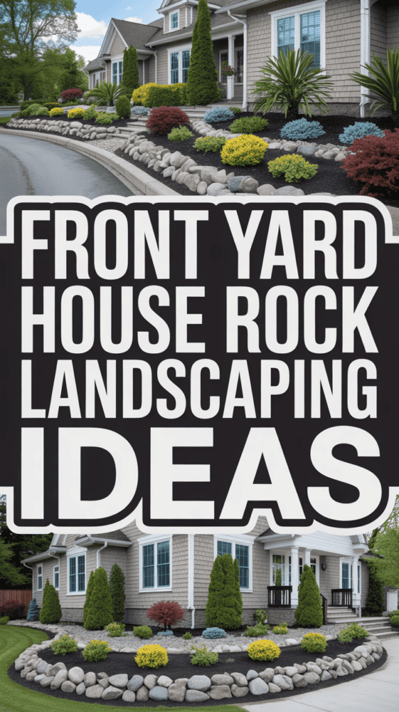 Front yard with rock landscaping featuring neatly trimmed bushes and colorful plants.
