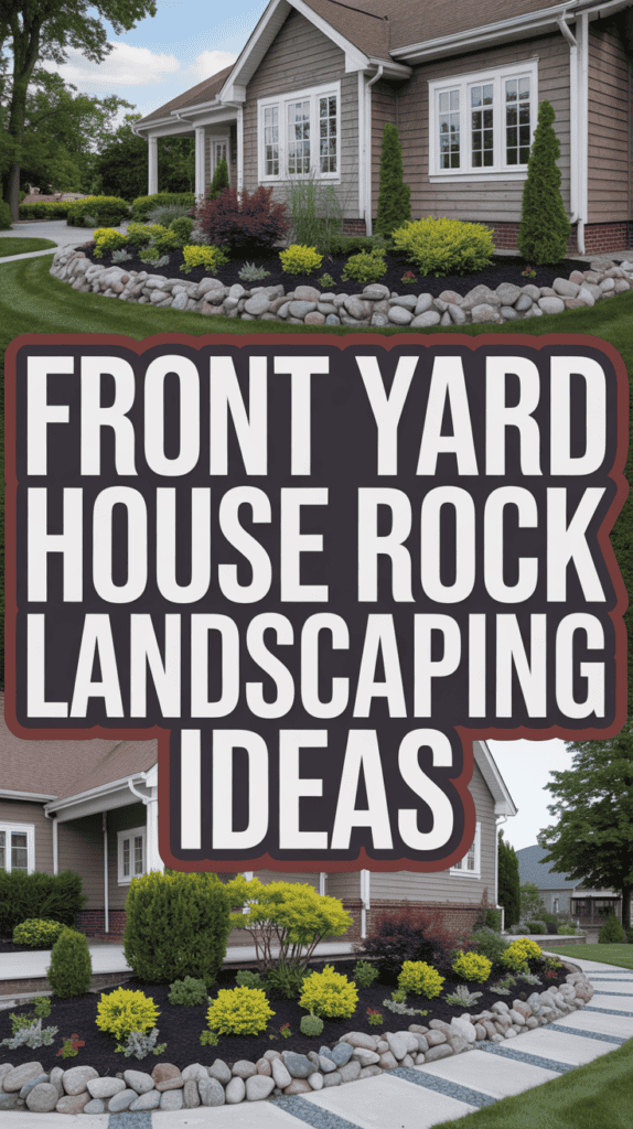 Front yard with rock landscaping, featuring a variety of green shrubs and arranged stone borders.