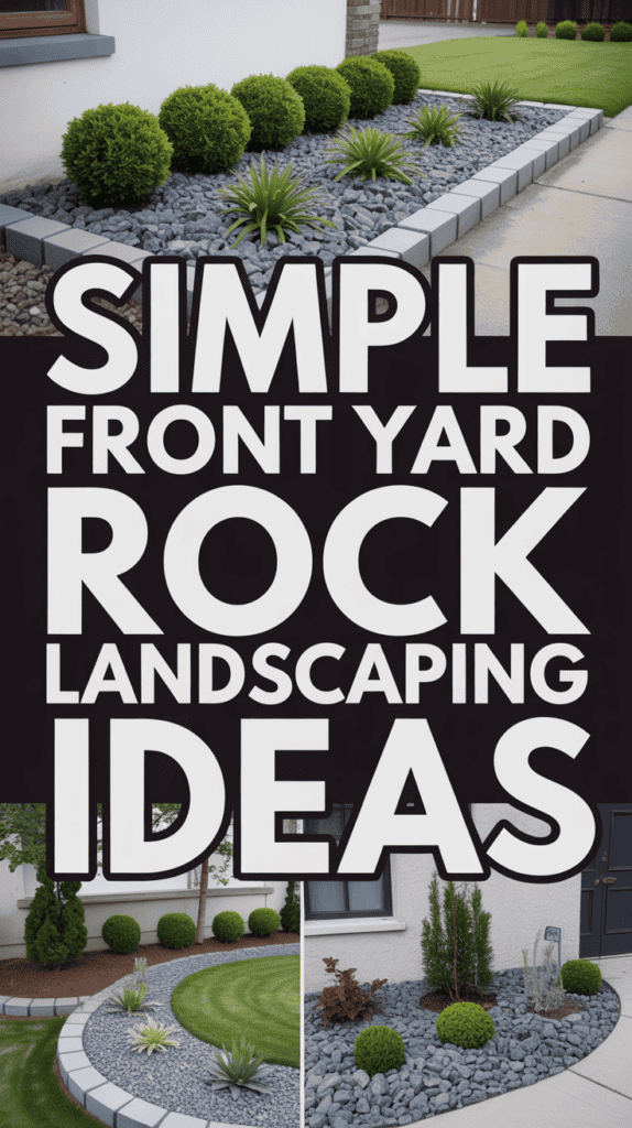 Simple front yard featuring rock landscaping with neatly arranged plants and shrubs along paved paths.