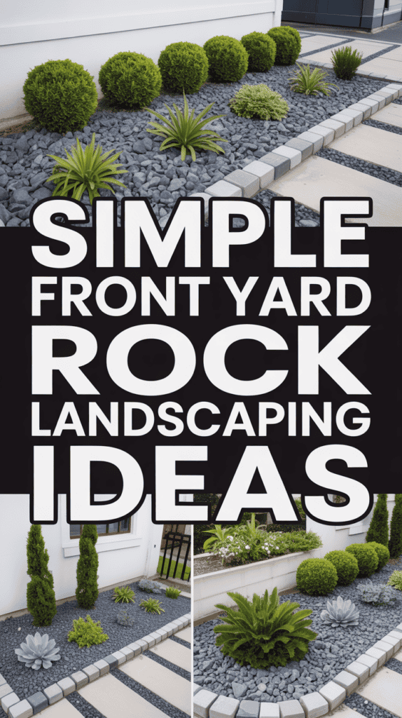 Collage of front yard landscaping ideas with rocks, featuring neatly arranged plants and shrubs along pathways.