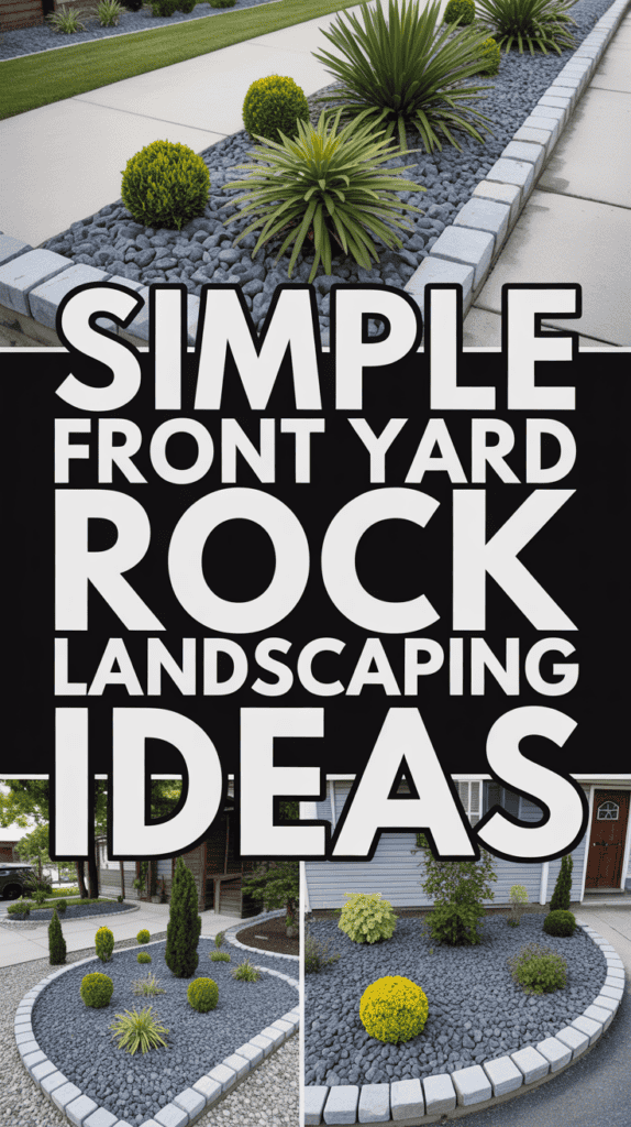 Collage of front yard rock landscaping ideas with ornamental plants and neatly arranged stones.
