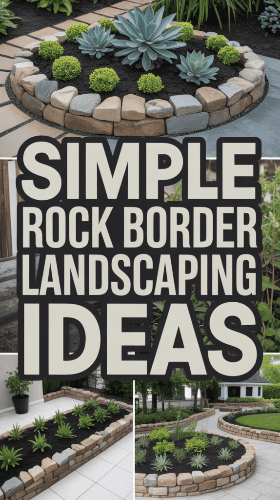 Collage of rock-bordered garden designs with various plants, featuring text: "Simple Rock Border Landscaping Ideas."