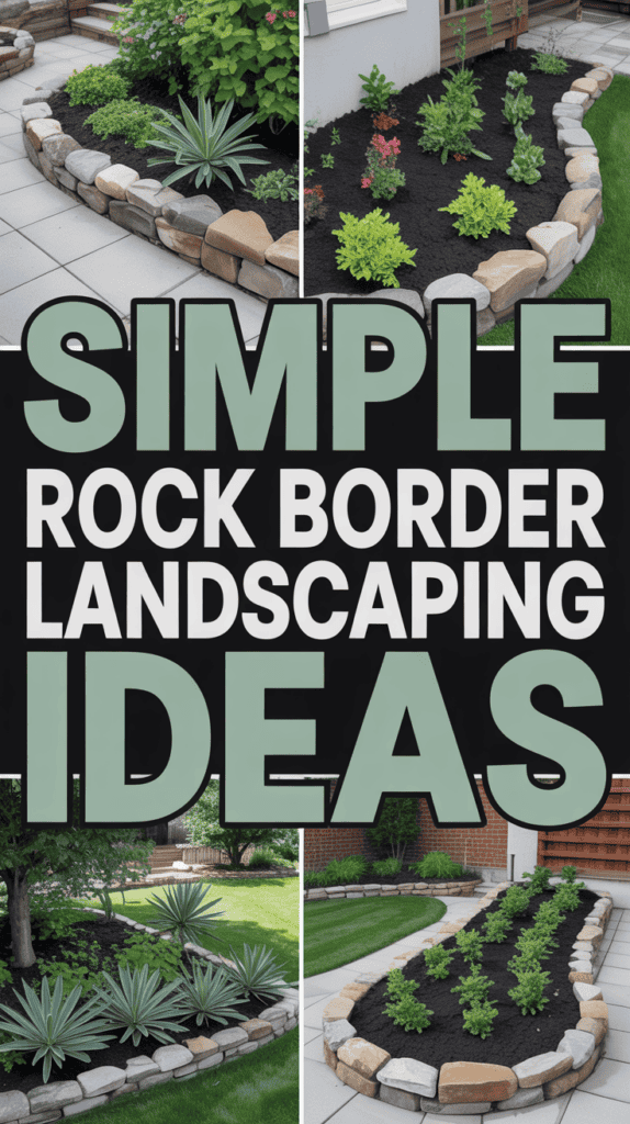 Collage of landscaped gardens with rock borders, featuring various plant arrangements and a central text reading, "Simple Rock Border Landscaping Ideas."