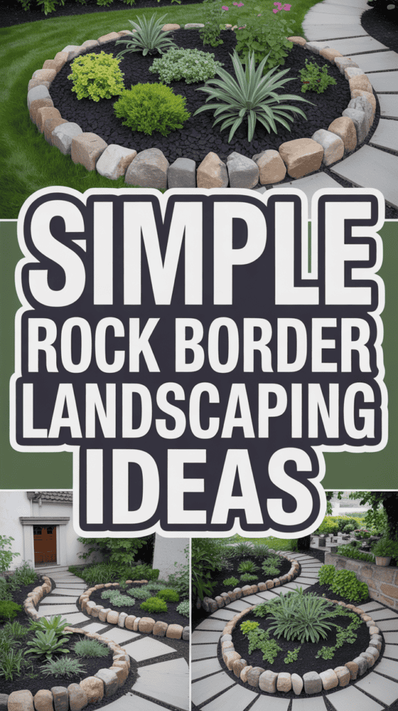 Circular garden beds with rock borders and various plants are showcased with large text: "Simple Rock Border Landscaping Ideas."