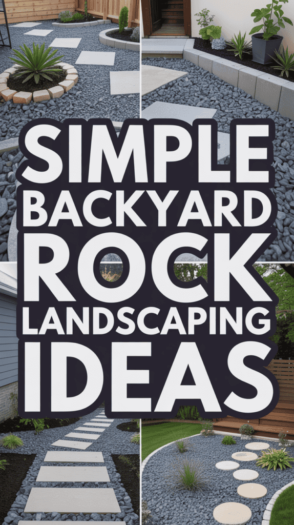 Collage of rock landscaping ideas featuring stepping stones, gravel paths, and neatly arranged plants.