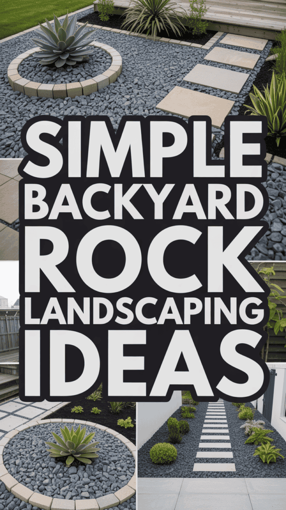 A collage of backyard rock landscaping ideas featuring gravel paths, stepping stones, and decorative plant arrangements.