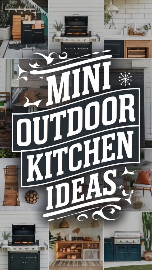Collage of various outdoor kitchen setups with the text "Mini Outdoor Kitchen Ideas" in bold lettering.