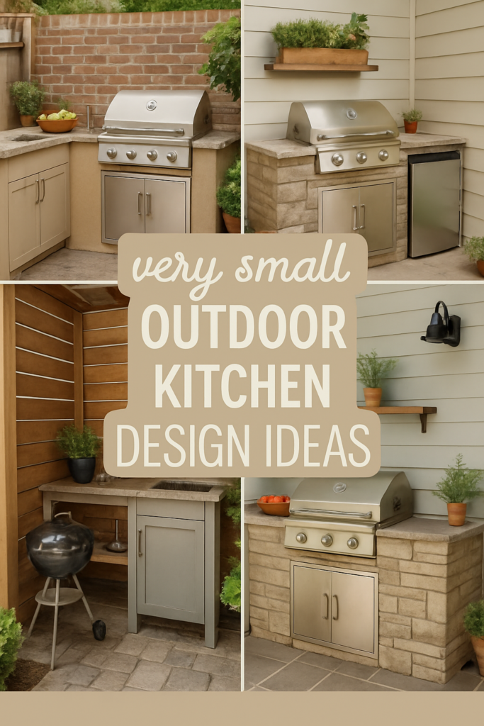 Collage of outdoor kitchen designs featuring compact grills and storage units in small backyard settings.