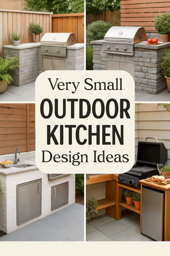 Collage of compact outdoor kitchens with grills, cabinets, and countertops, featuring the text "Very Small Outdoor Kitchen Design Ideas."