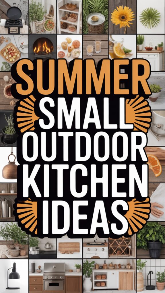 Collage of small outdoor kitchen ideas with plants, kitchen utensils, and text: "Summer Small Outdoor Kitchen Ideas."