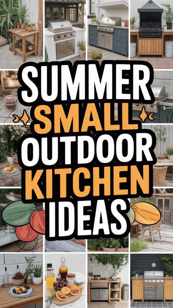 A collage of small outdoor kitchens with various setups, centered around bold text: "Summer Small Outdoor Kitchen Ideas."