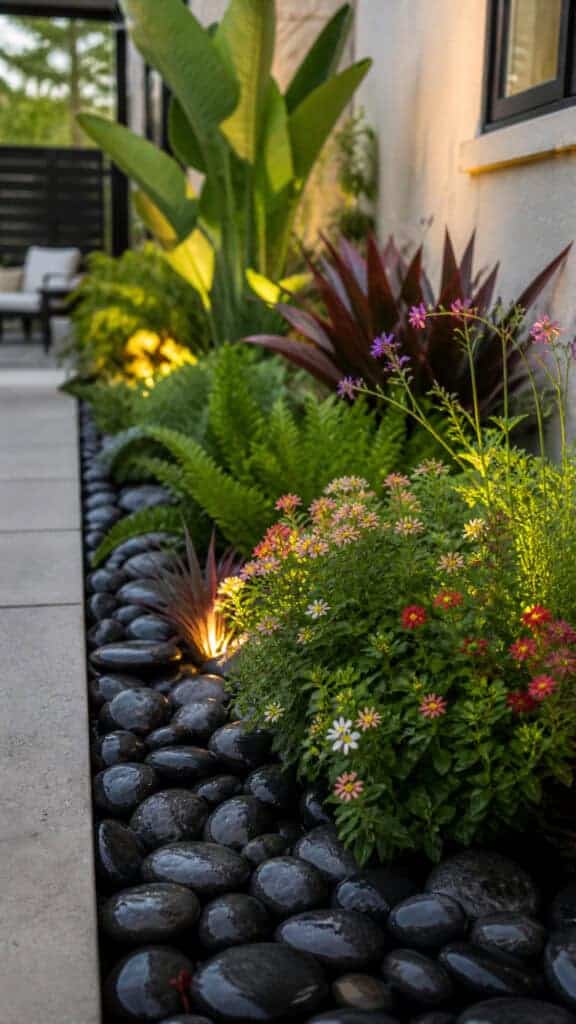 Sleek Black River Rock Garden Beds