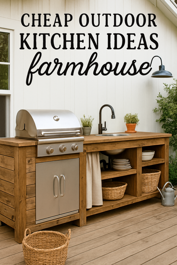 Farmhouse-style outdoor kitchen with wooden cabinetry, a stainless steel grill, sink, and baskets, set against a light wall.