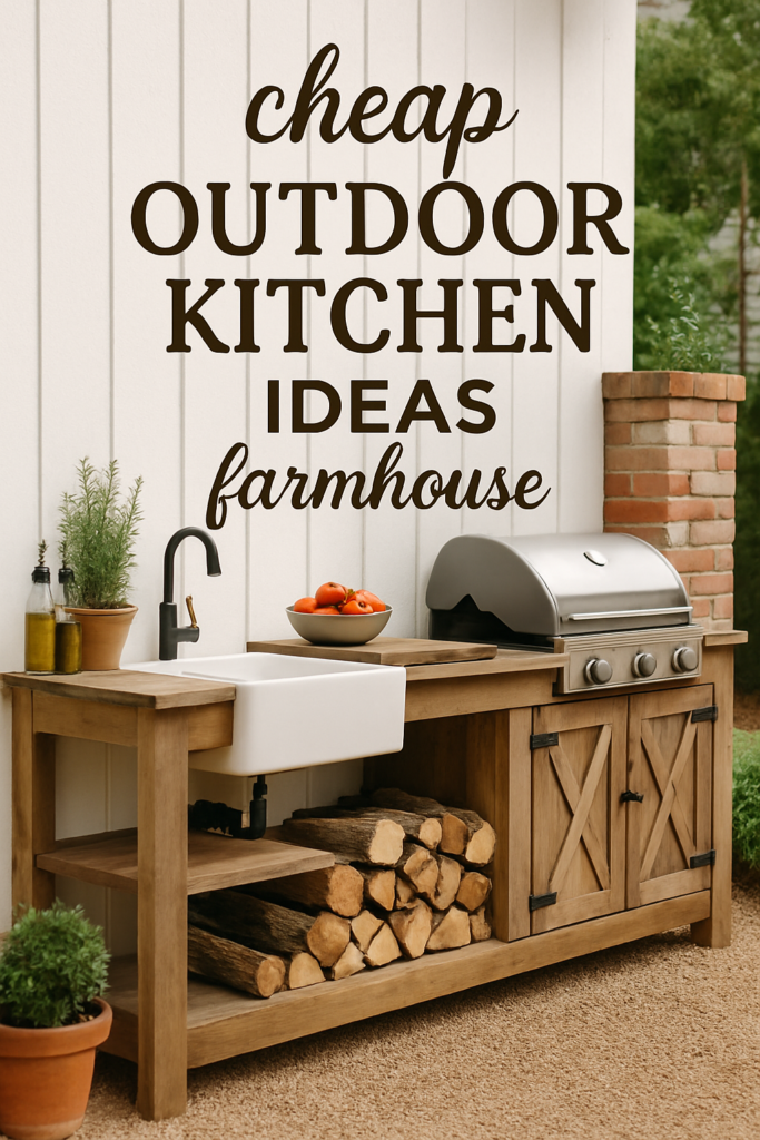 Wooden outdoor kitchen with sink, grill, and firewood storage against a white wall with text "cheap outdoor kitchen ideas farmhouse."