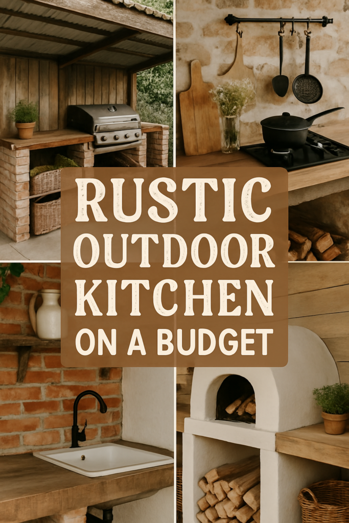 Collage of a rustic outdoor kitchen with wood-fired oven, grill, and wooden shelves, featuring the text "Rustic Outdoor Kitchen on a Budget."