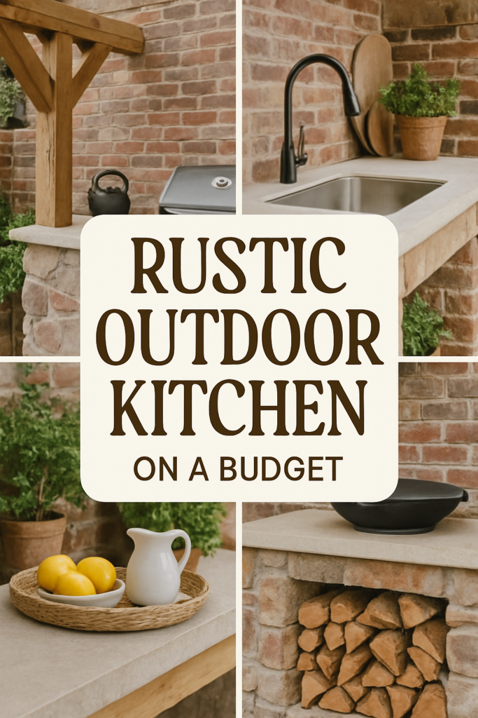 Rustic outdoor kitchen with stone and wood, featuring a sink, grill, potted plants, and a basket with lemons.