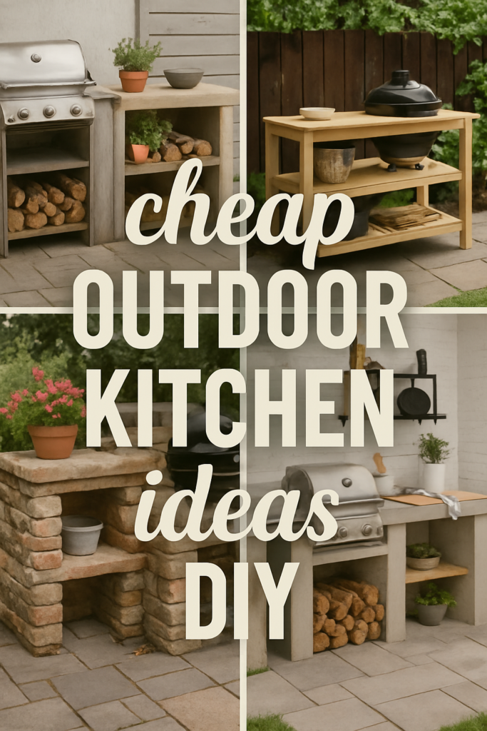 Collage of affordable DIY outdoor kitchen setups with grills and storage, featuring the text "cheap outdoor kitchen ideas DIY."