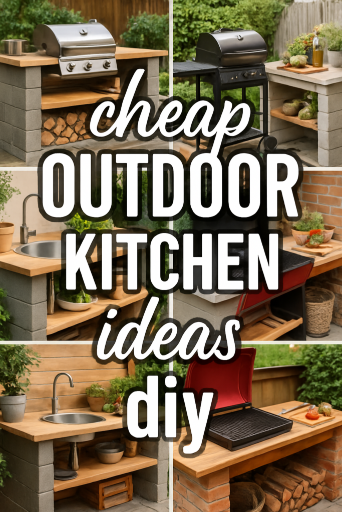 Collage of outdoor kitchen setups with grills and wooden countertops, featuring overlaid text: "Cheap Outdoor Kitchen Ideas DIY."