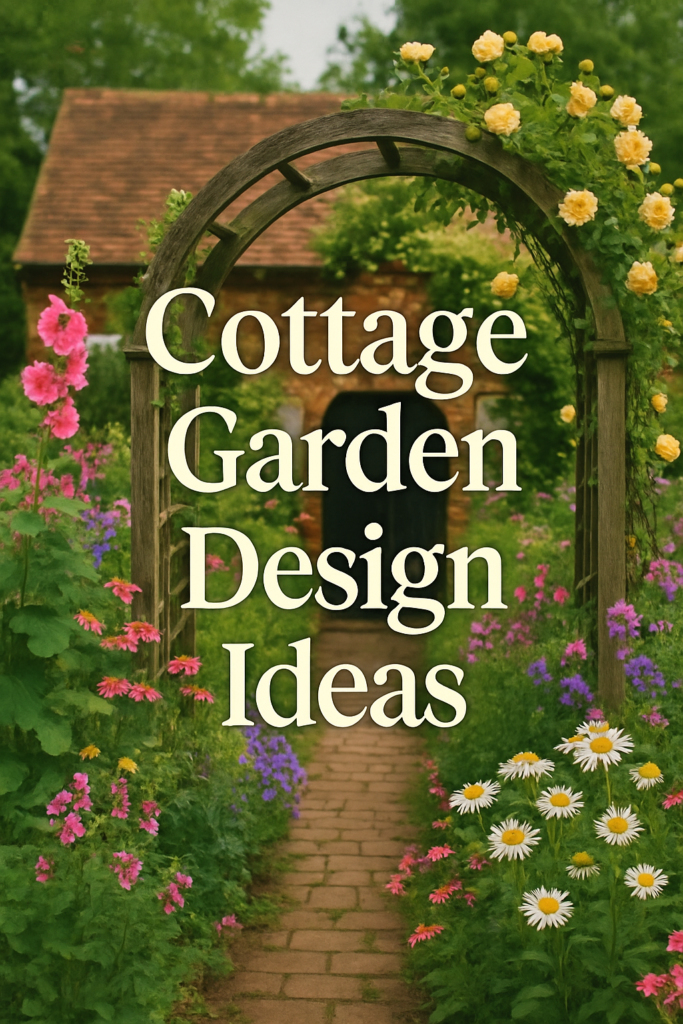 A garden archway with colorful flowers and the text "Cottage Garden Design Ideas."