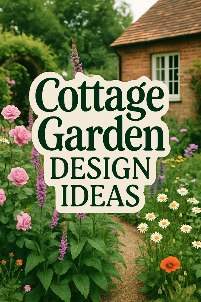 Garden path with blooming flowers and a brick cottage, featuring the text "Cottage Garden Design Ideas."