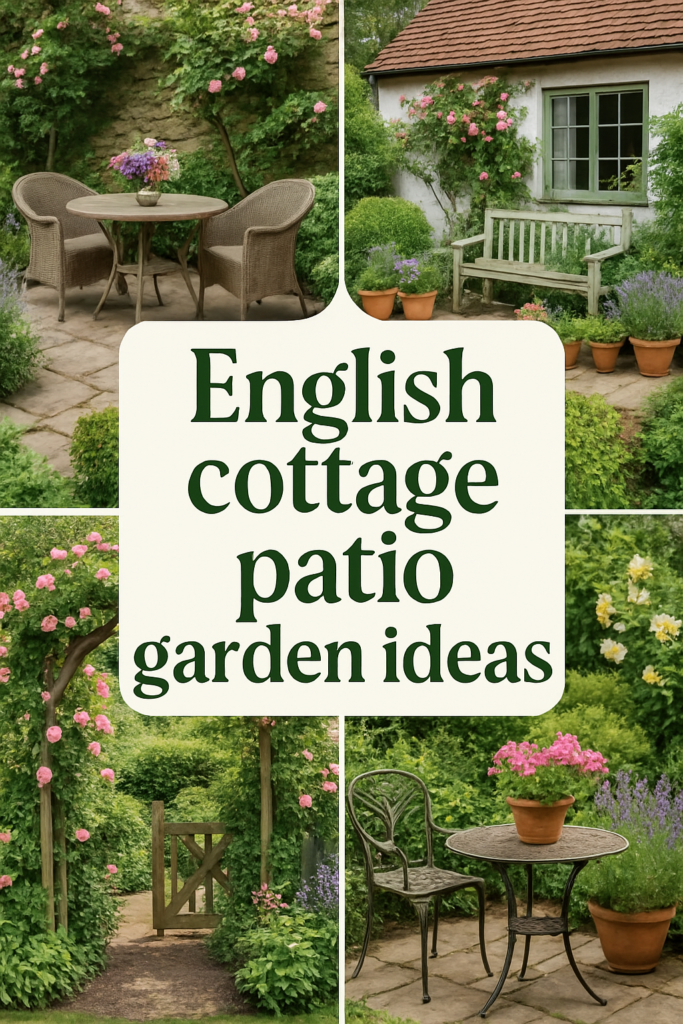 Collage of charming English cottage patios with plants, flowers, a gate, and garden furniture, framed by a title.
