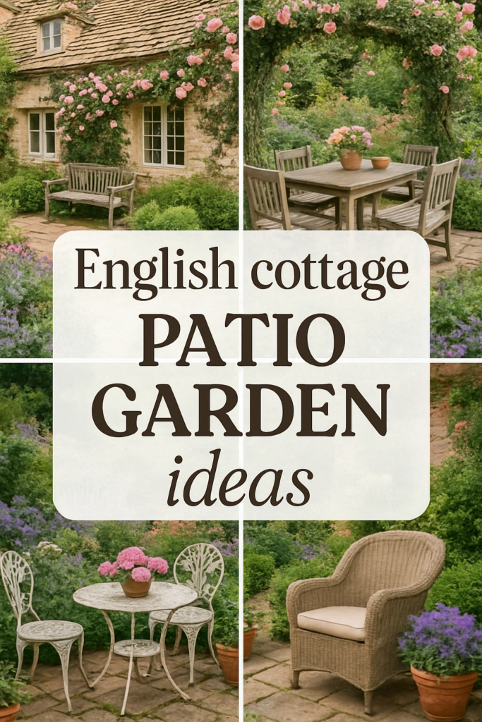 A quaint patio garden with rustic furniture and lush greenery surrounding a cozy seating area.
