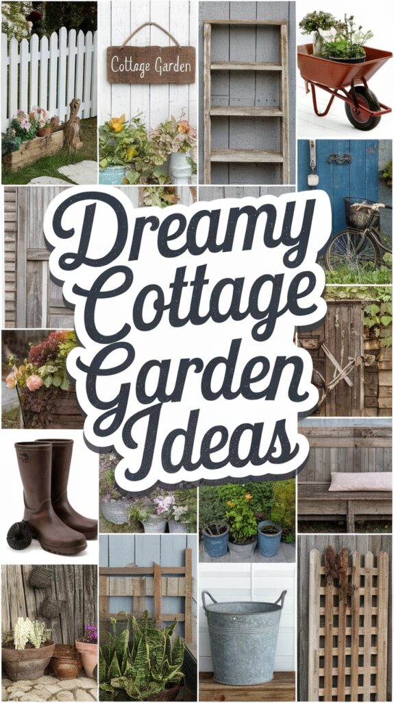 Collage of cottage garden scenes with text "Dreamy Cottage Garden Ideas," featuring flowers, vintage decor, and garden tools.